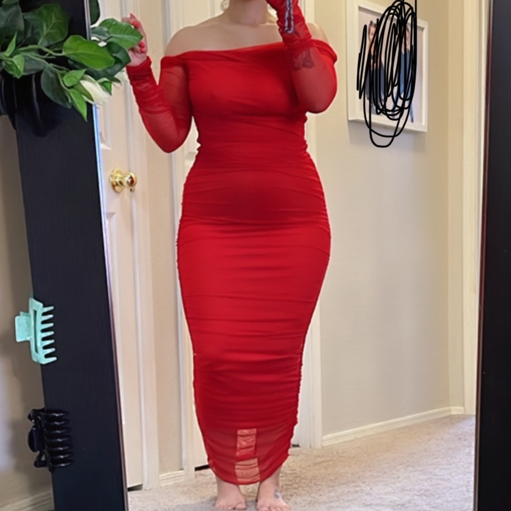 Red form fitting dress